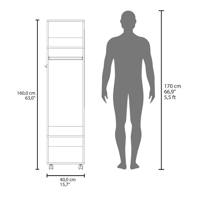 16 Armoire moderne à une porte avec trois étagères, roulettes et tringle de suspension pour chambre à coucher