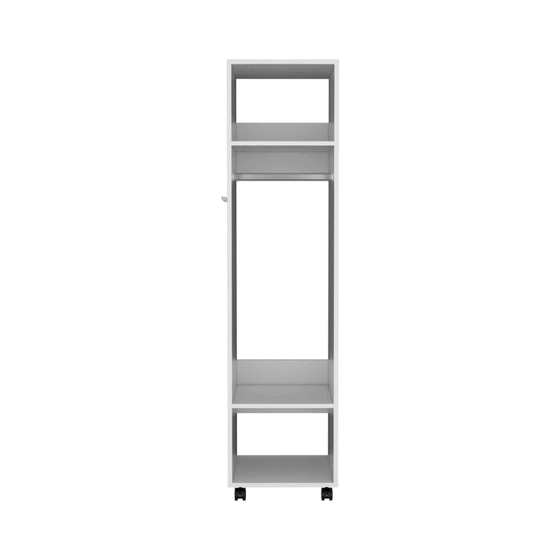 16 Armoire moderne à une porte avec trois étagères, roulettes et tringle de suspension pour chambre à coucher