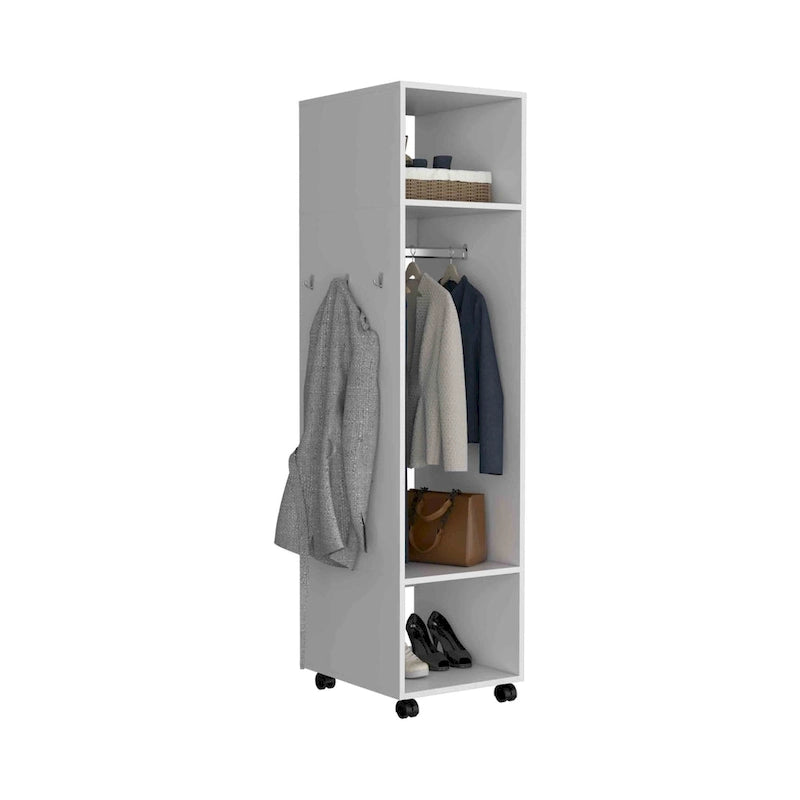 16 Armoire moderne à une porte avec trois étagères, roulettes et tringle de suspension pour chambre à coucher