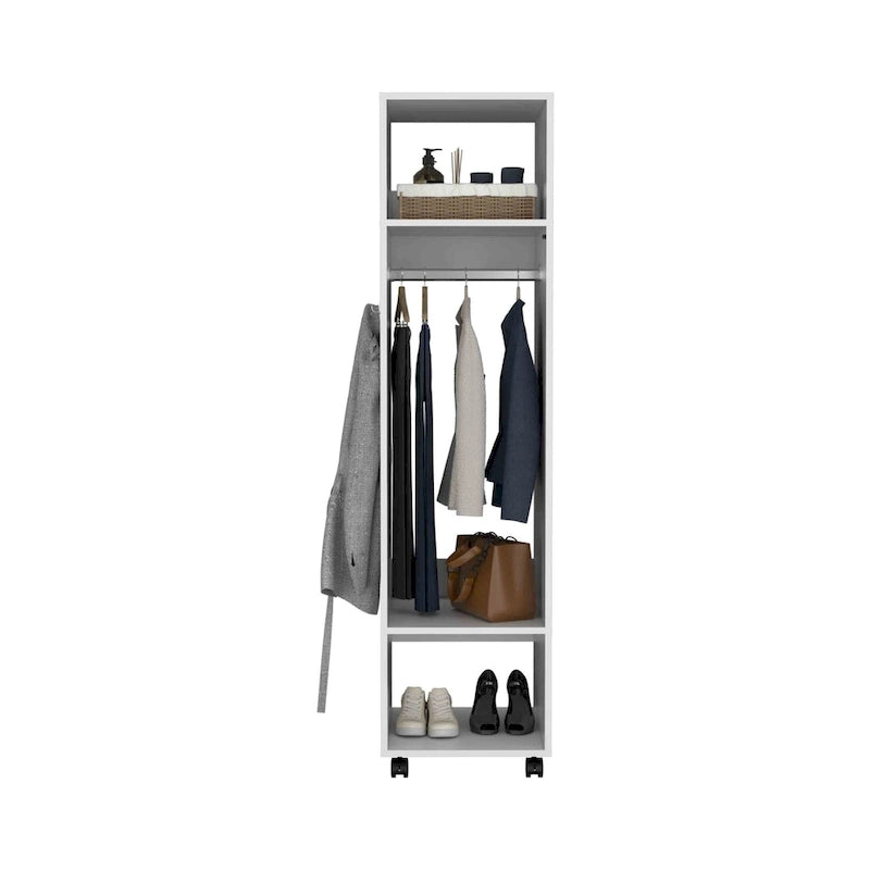 16 Armoire moderne à une porte avec trois étagères, roulettes et tringle de suspension pour chambre à coucher