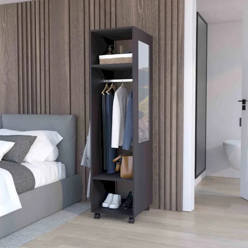 16 Armoire moderne à une porte avec trois étagères, roulettes et tringle de suspension pour chambre à coucher