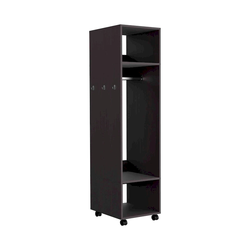 16 Armoire moderne à une porte avec trois étagères, roulettes et tringle de suspension pour chambre à coucher