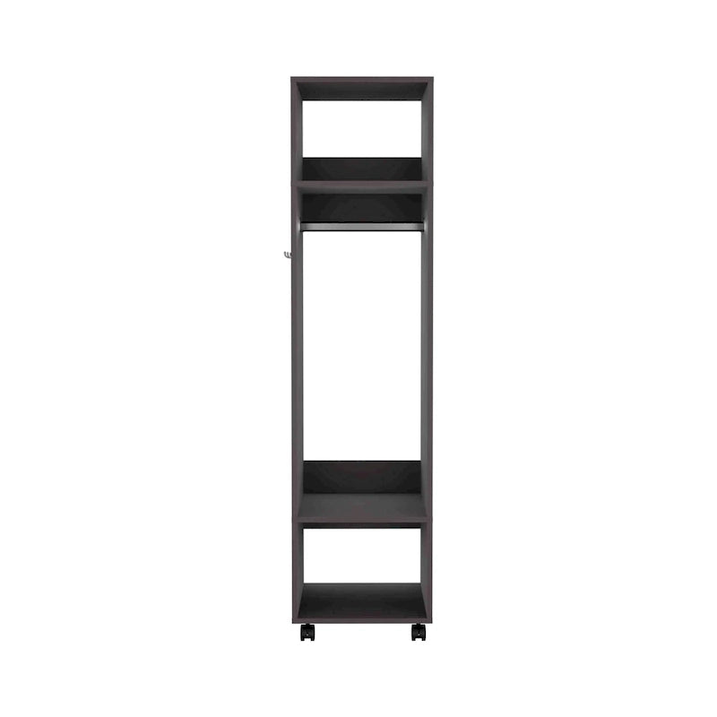 16 Armoire moderne à une porte avec trois étagères, roulettes et tringle de suspension pour chambre à coucher