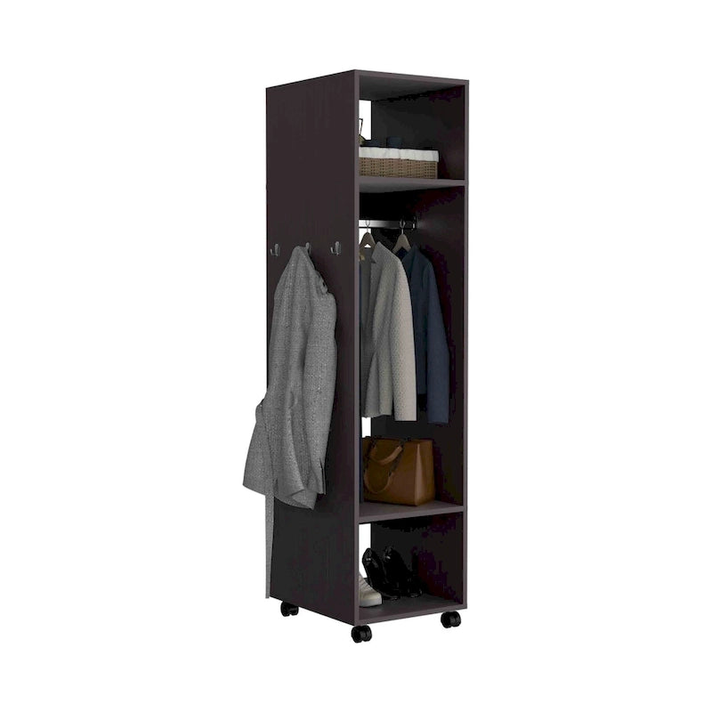 16 Armoire moderne à une porte avec trois étagères, roulettes et tringle de suspension pour chambre à coucher