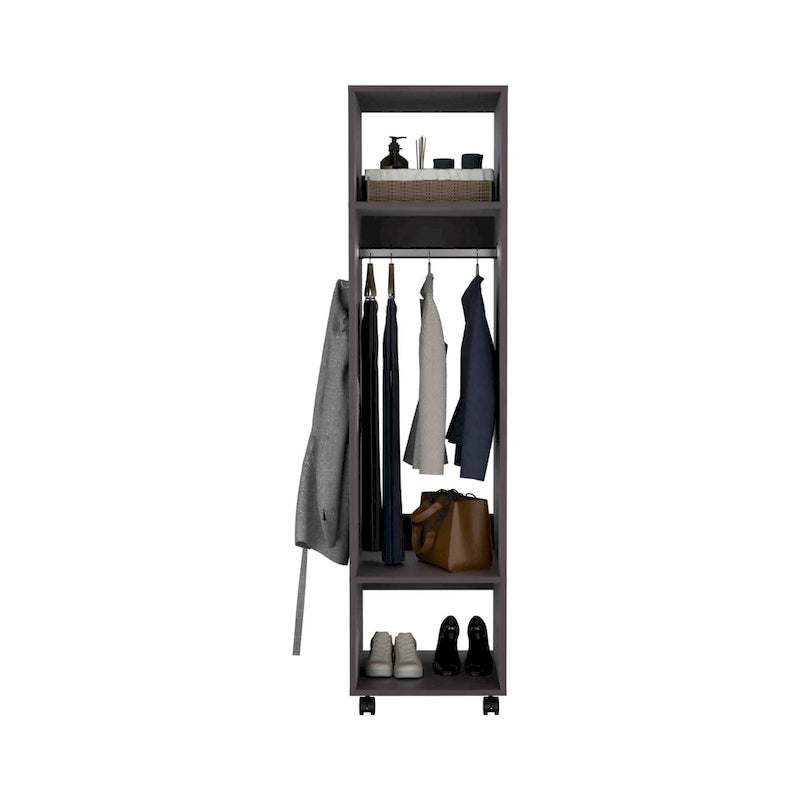 16 Armoire moderne à une porte avec trois étagères, roulettes et tringle de suspension pour chambre à coucher