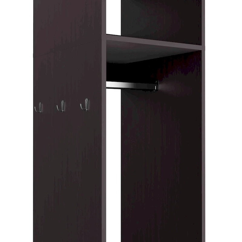 16 Armoire moderne à une porte avec trois étagères, roulettes et tringle de suspension pour chambre à coucher