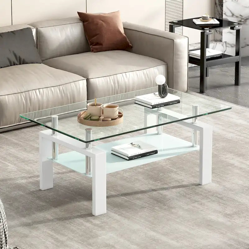 Table Basse en Verre Trempé à 2 Niveaux - 23,62 x 39,37 x 17,32
