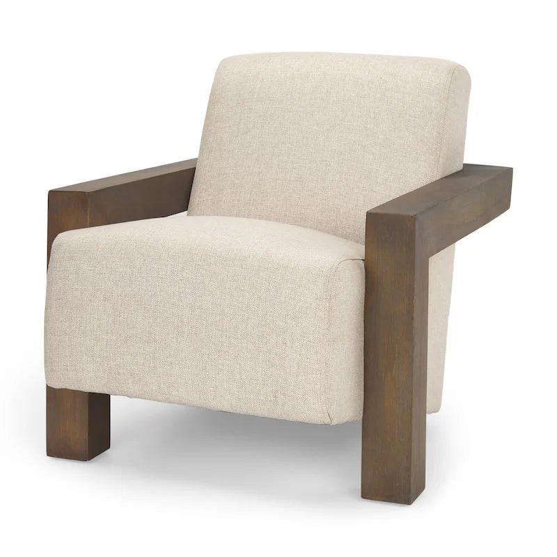 Fauteuil d'appoint en tissu beige avec structure en bois massif marron foncé