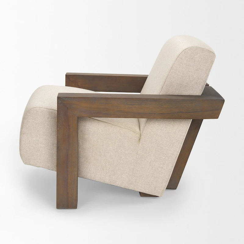 Fauteuil d'appoint en tissu beige avec structure en bois massif marron foncé