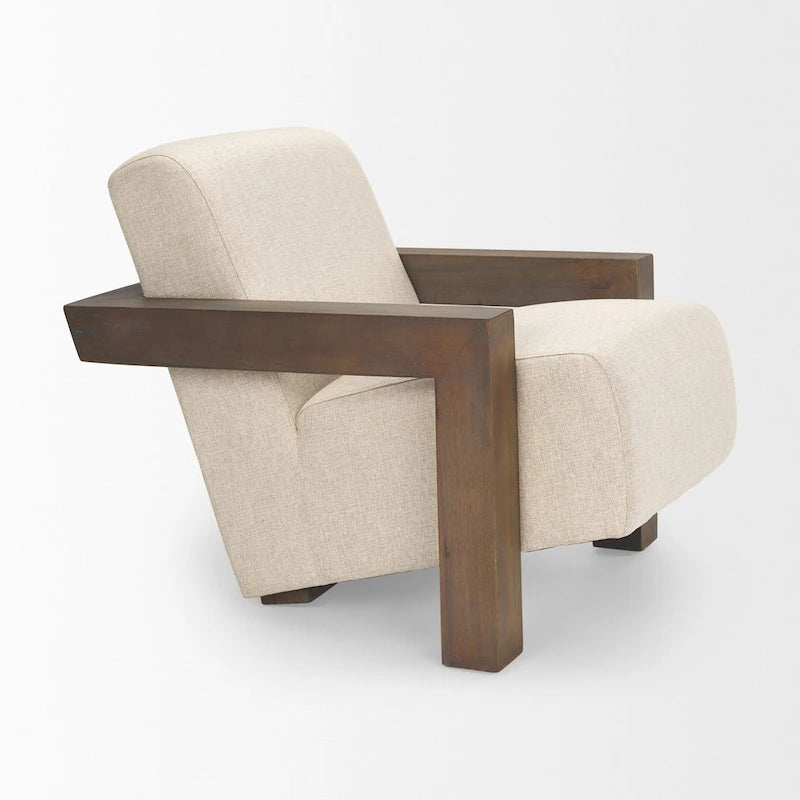 Fauteuil d'appoint en tissu beige avec structure en bois massif marron foncé