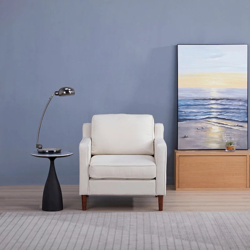 Fauteuil de salon de style moderne, en tissu d'aspect lin/cuir végétalien