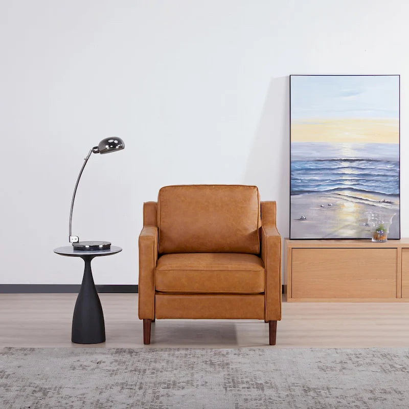 Fauteuil de salon de style moderne, en tissu d'aspect lin/cuir végétalien