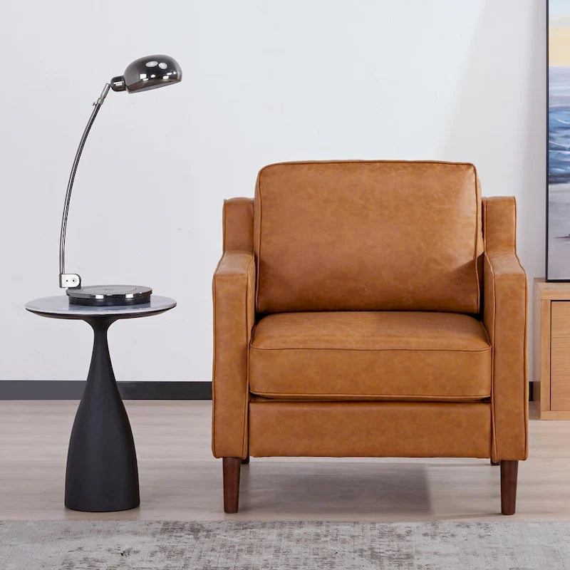 Fauteuil de salon de style moderne, en tissu d'aspect lin/cuir végétalien