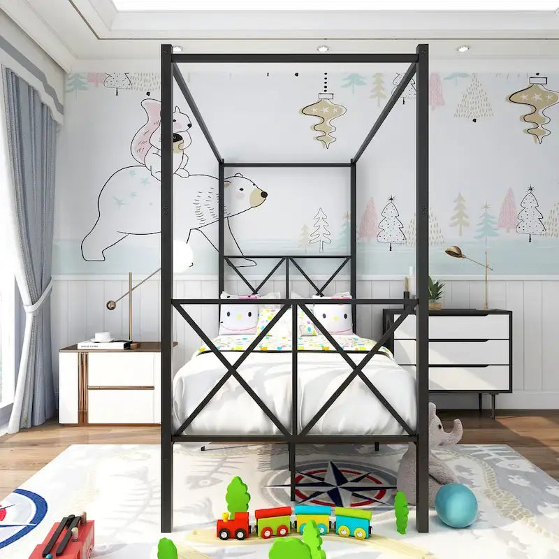 Structure de lit plateforme en métal avec baldaquin en X