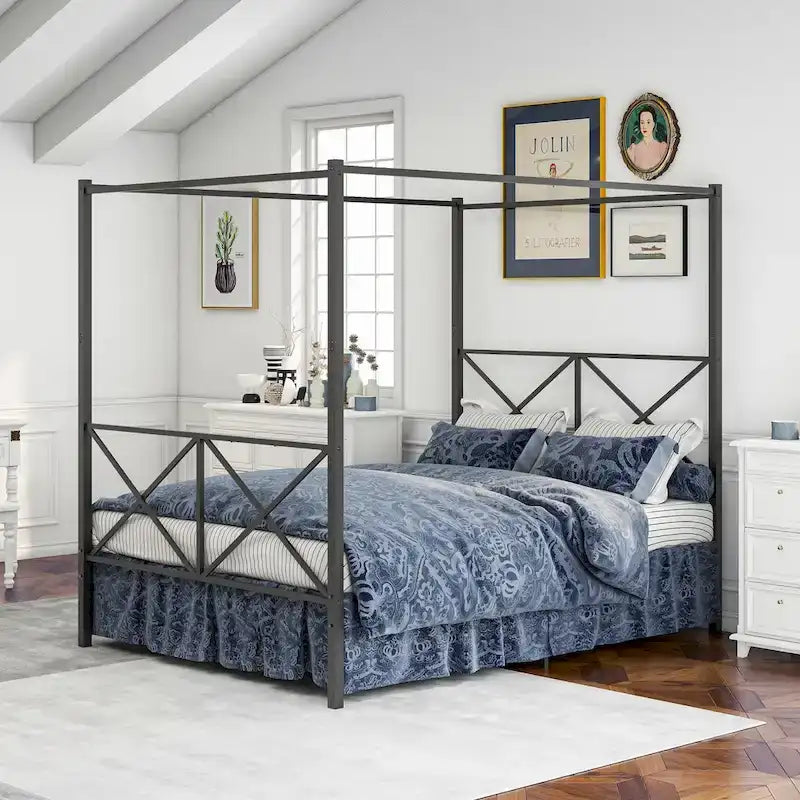 Structure de lit plateforme en métal avec baldaquin en X