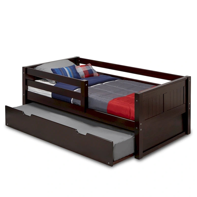 Tête de lit en panneau - Lit de repos jumeau avec barrière de sécurité avant et lit gigogne jumeau