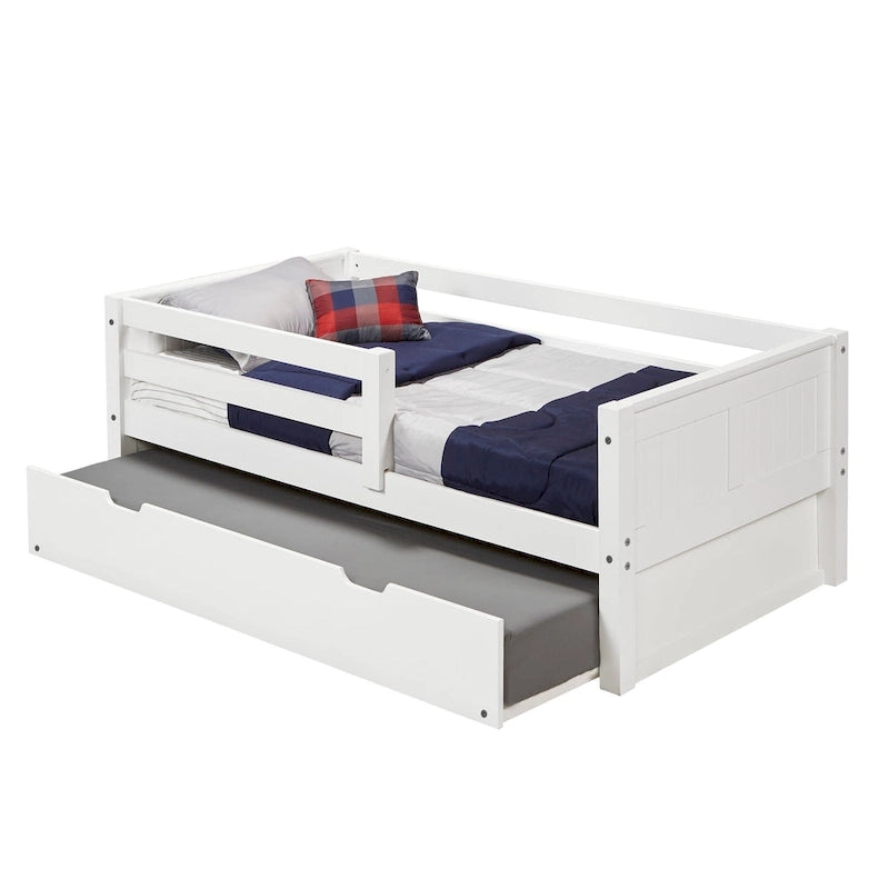 Tête de lit en panneau - Lit de repos jumeau avec barrière de sécurité avant et lit gigogne jumeau