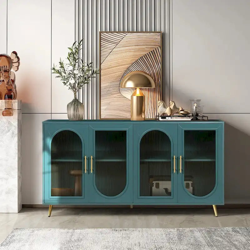 Wood Tv Stand With Storage Cabinet & Adjustable Shelves