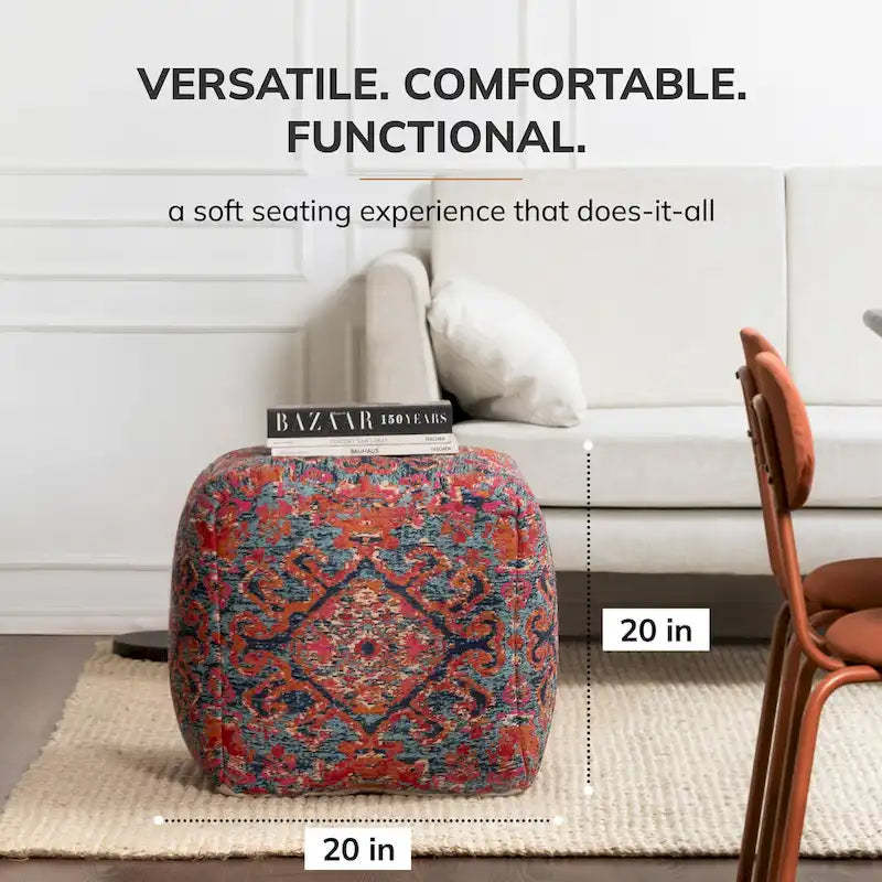 Pouf carré multicolore rouge de 50 cm - Repose-pieds fait main pour salon, chambre d'enfant