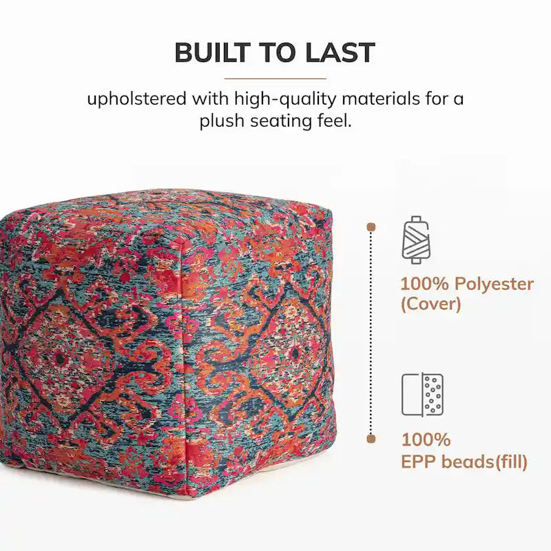 Pouf carré multicolore rouge de 50 cm - Repose-pieds fait main pour salon, chambre d'enfant
