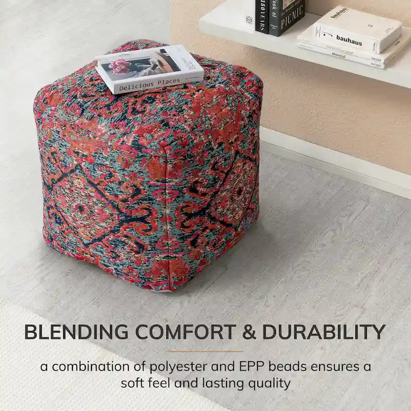 Pouf carré multicolore rouge de 50 cm - Repose-pieds fait main pour salon, chambre d'enfant
