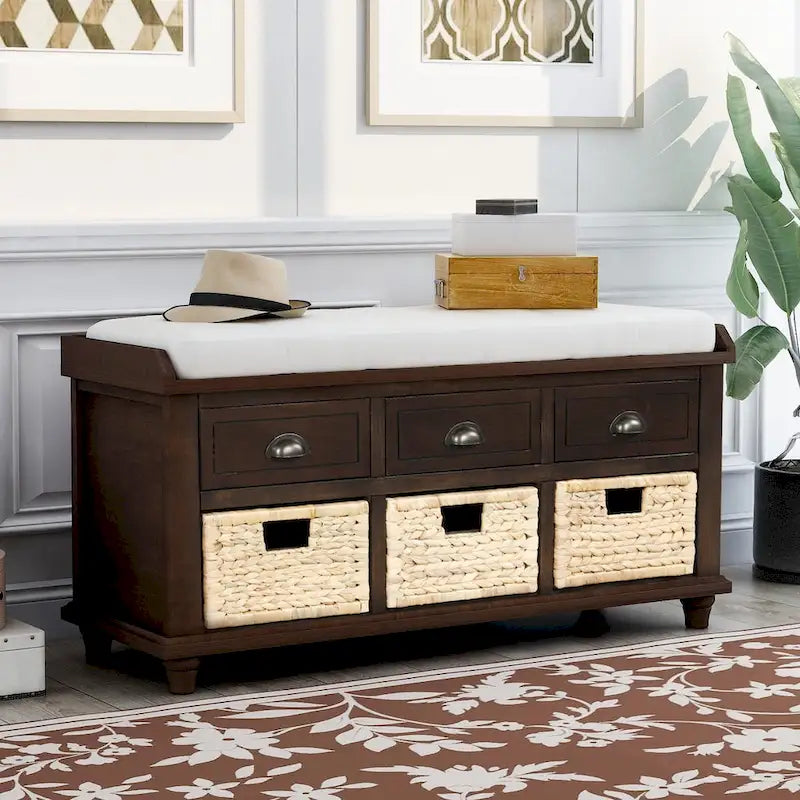 Banc de rangement rustique avec 3 tiroirs et 3 paniers en rotin