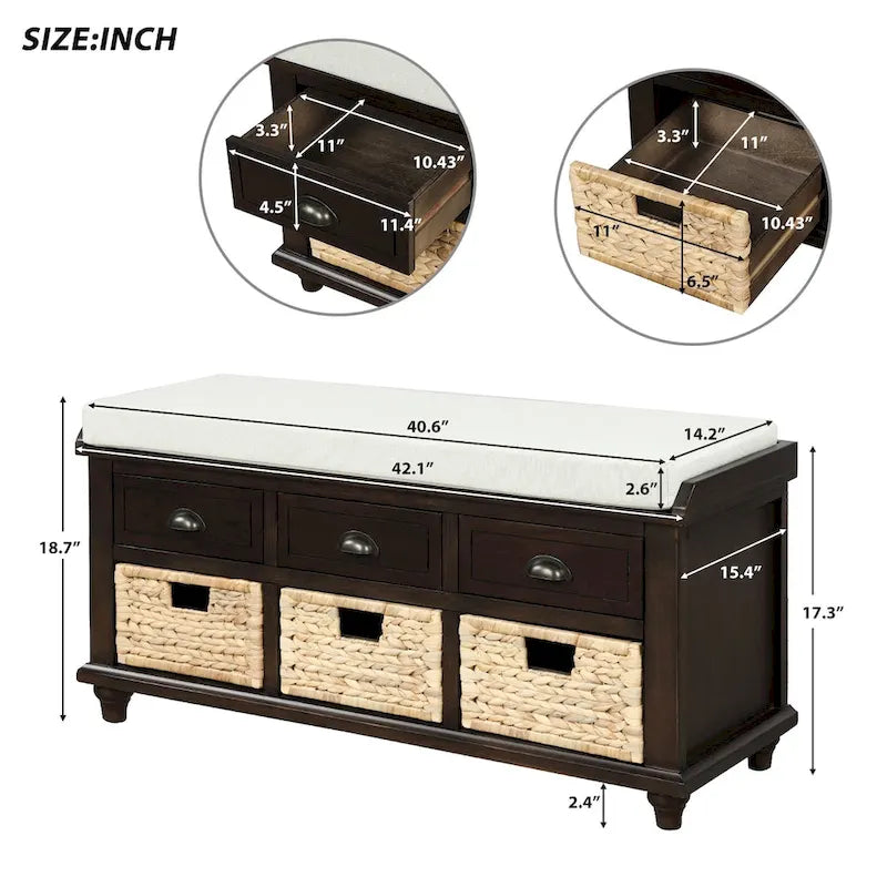 Banc de rangement rustique avec 3 tiroirs et 3 paniers en rotin