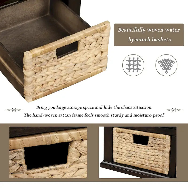 Banc de rangement rustique avec 3 tiroirs et 3 paniers en rotin