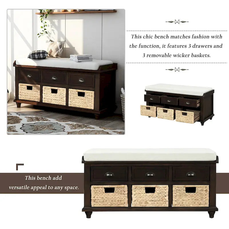 Banc de rangement rustique avec 3 tiroirs et 3 paniers en rotin
