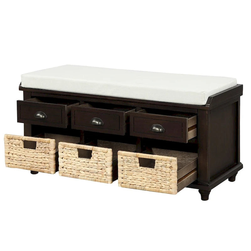 Banc de rangement rustique avec 3 tiroirs et 3 paniers en rotin
