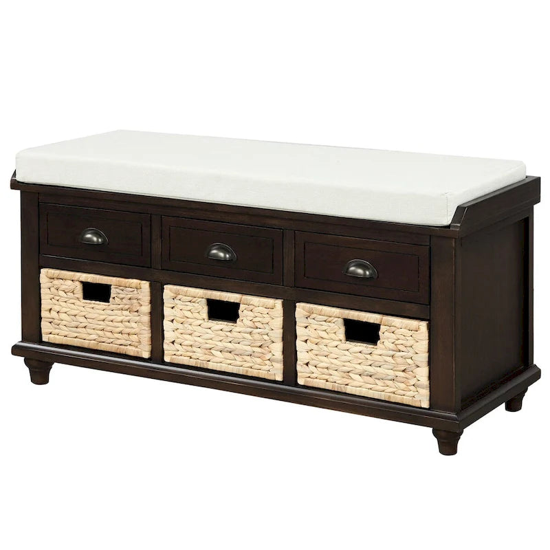 Banc de rangement rustique avec 3 tiroirs et 3 paniers en rotin