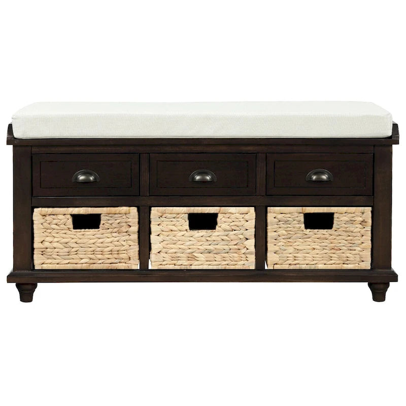 Banc de rangement rustique avec 3 tiroirs et 3 paniers en rotin