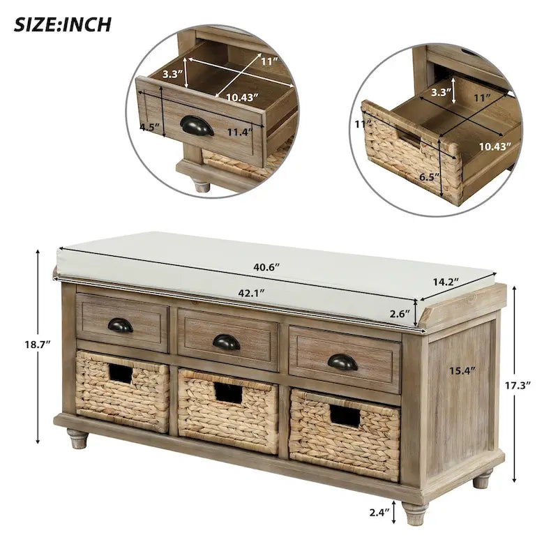 Banc de rangement rustique avec 3 tiroirs et 3 paniers en rotin
