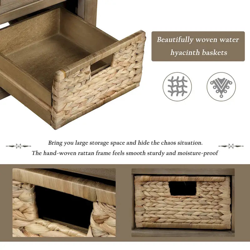 Banc de rangement rustique avec 3 tiroirs et 3 paniers en rotin