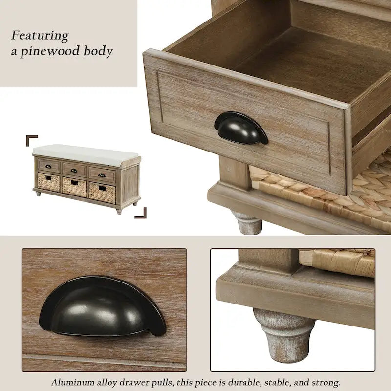 Banc de rangement rustique avec 3 tiroirs et 3 paniers en rotin