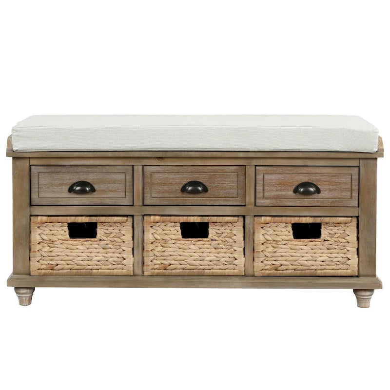 Banc de rangement rustique avec 3 tiroirs et 3 paniers en rotin