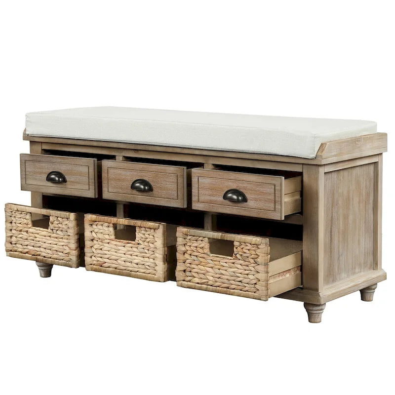 Banc de rangement rustique avec 3 tiroirs et 3 paniers en rotin