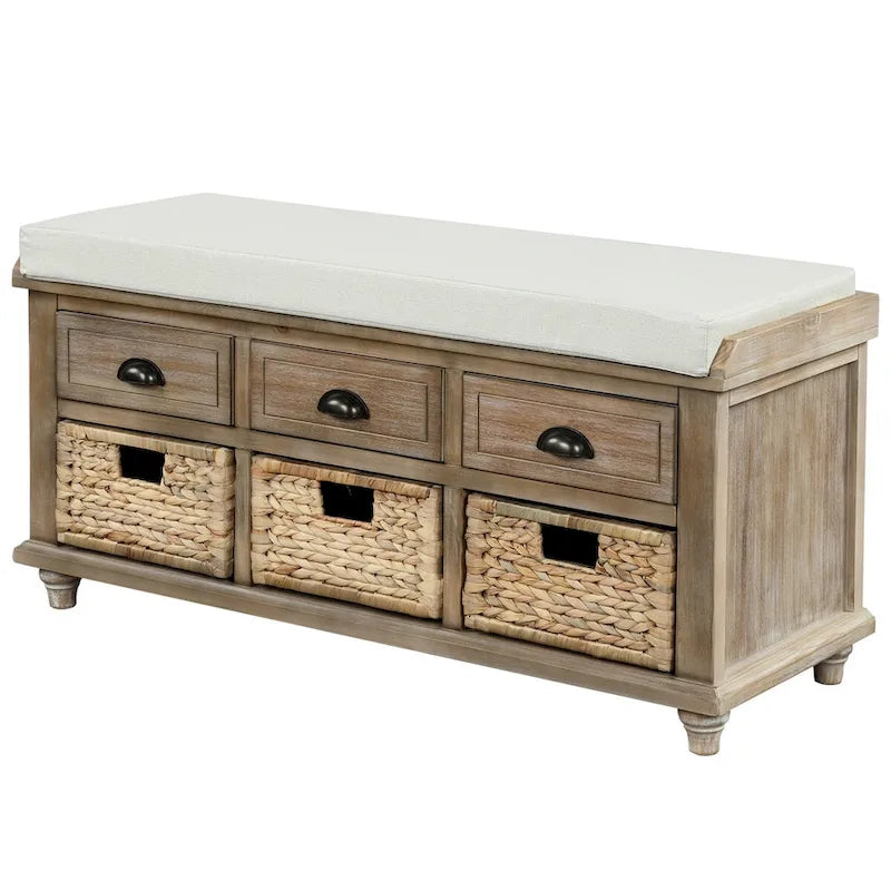 Banc de rangement rustique avec 3 tiroirs et 3 paniers en rotin