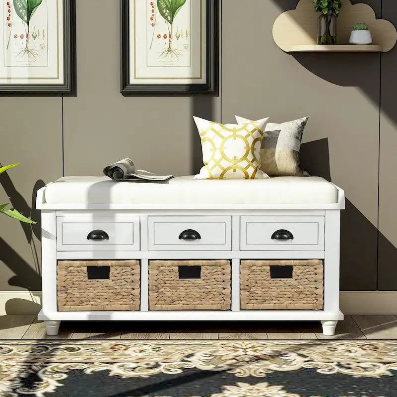Banc de rangement rustique avec 3 tiroirs et 3 paniers en rotin