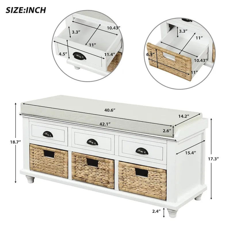 Banc de rangement rustique avec 3 tiroirs et 3 paniers en rotin