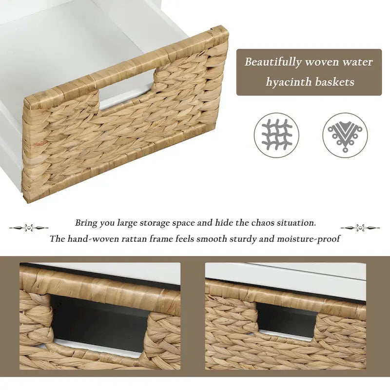 Banc de rangement rustique avec 3 tiroirs et 3 paniers en rotin