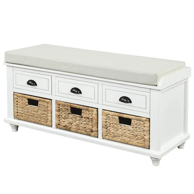 Banc de rangement rustique avec 3 tiroirs et 3 paniers en rotin