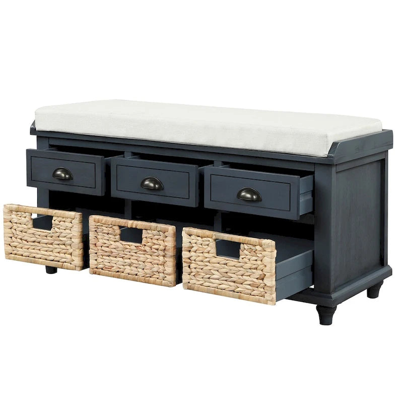 Banc de rangement rustique avec 3 tiroirs et 3 paniers en rotin
