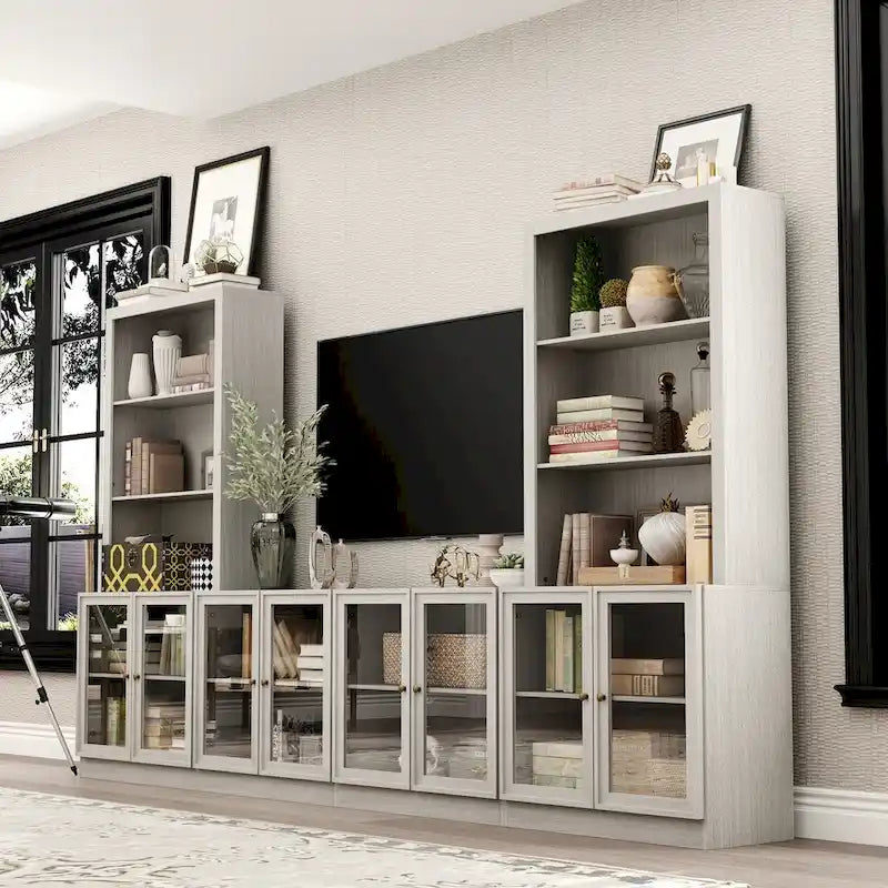 Meuble TV Élégant avec Nombreuses Étagères et Accents de Verre