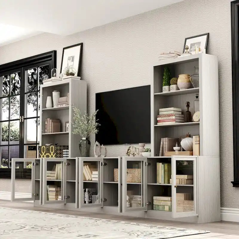 Meuble TV Élégant avec Nombreuses Étagères et Accents de Verre