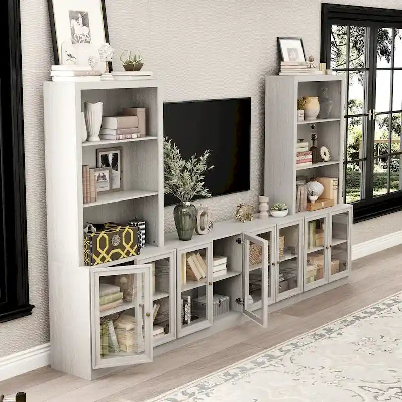 Meuble TV Élégant avec Nombreuses Étagères et Accents de Verre