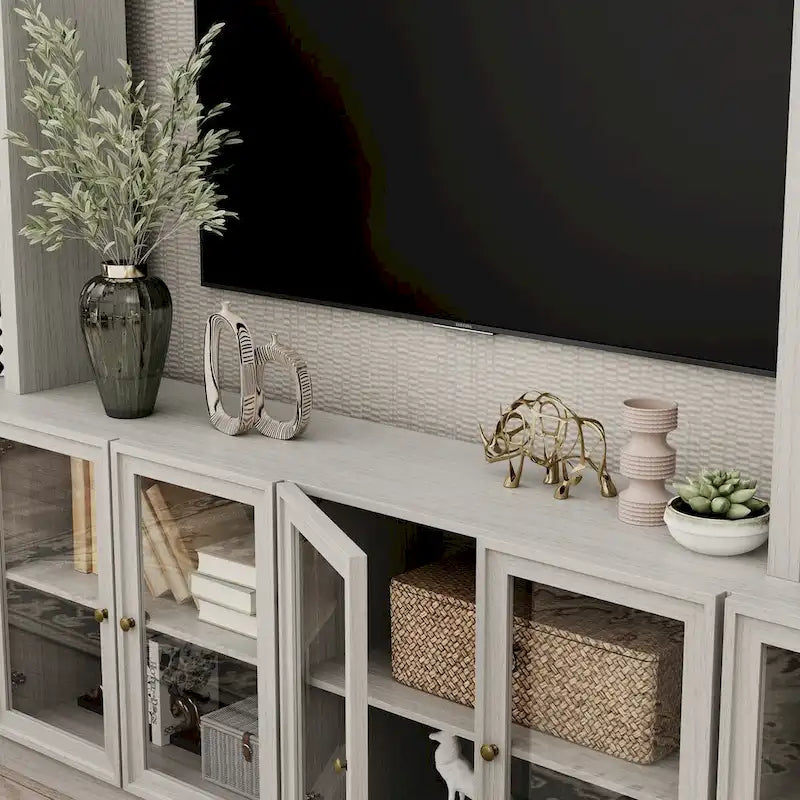 Meuble TV Élégant avec Nombreuses Étagères et Accents de Verre